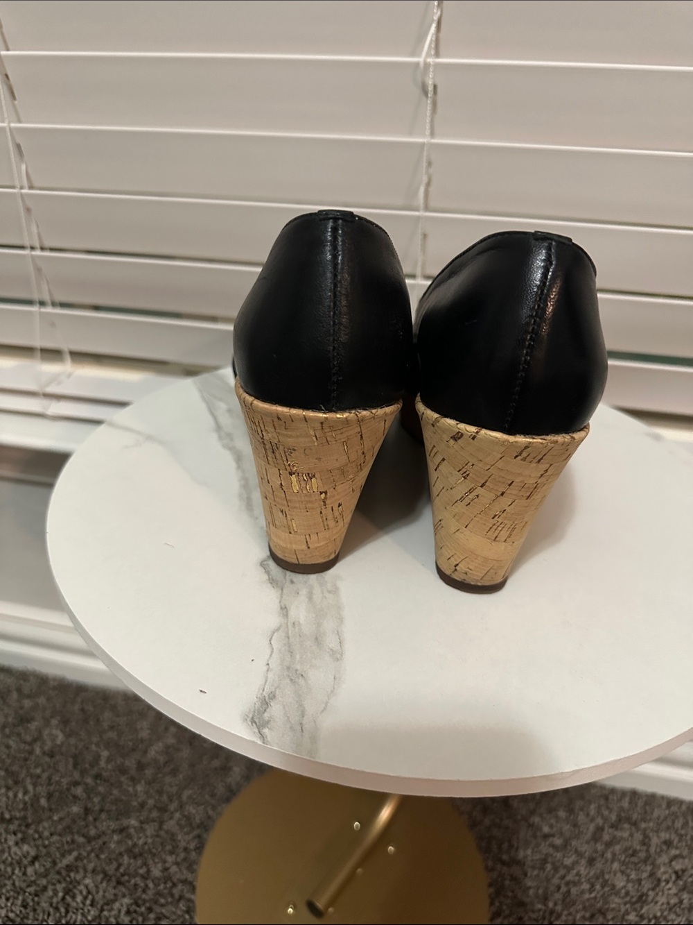 Sofft Black Leather Peep-Toe Cork Wedge Heels - Picture 3 of 3